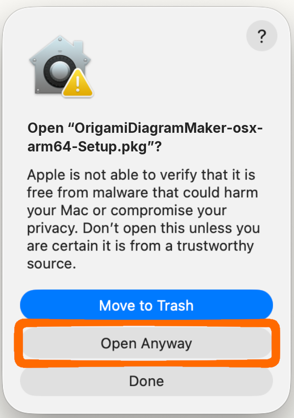 The question whether to open the installer, with the Open Anyway button marked