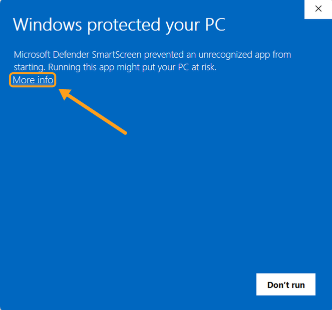 The SmartScreen warning "Windows protected your PC", with the More info link marked