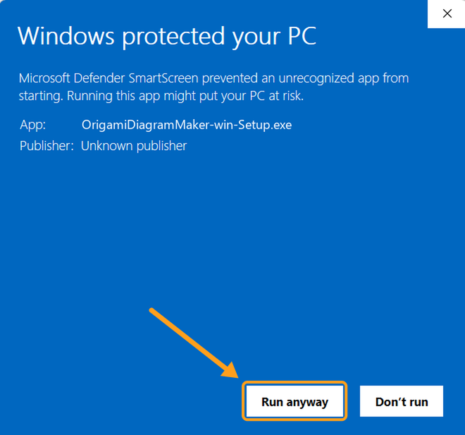 The same warning after More info, showing the installer's name, with the Run anyway button marked